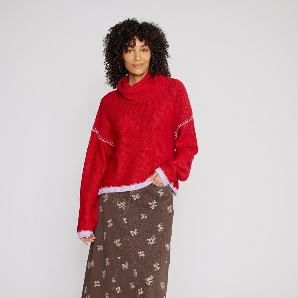 Driftwood Cowl Neck Sweater with Contrast Stich in Red